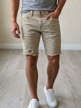 American Eagle Men's Distressed Khaki Denim Cut Off Raw Hem Shorts Size 30